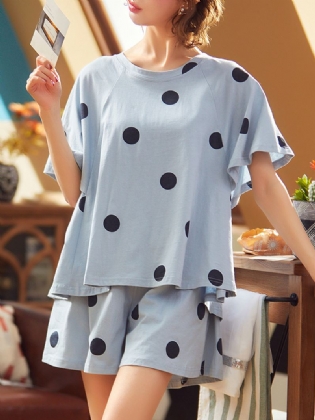 Kvinder Polka Dot Med Tryk Rund Hals Kortærmede Shorts Casual Pyjamas Sæt