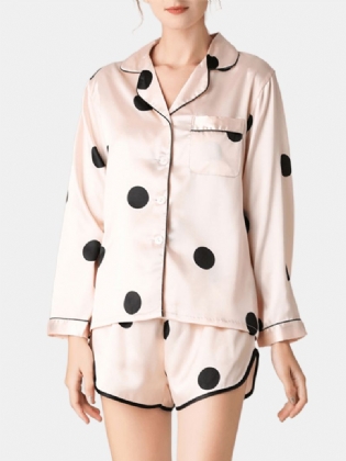 Kvinder Polka Dot Reverskrave Pink Faux Silke Langærmet Løs Pyjamas Sæt
