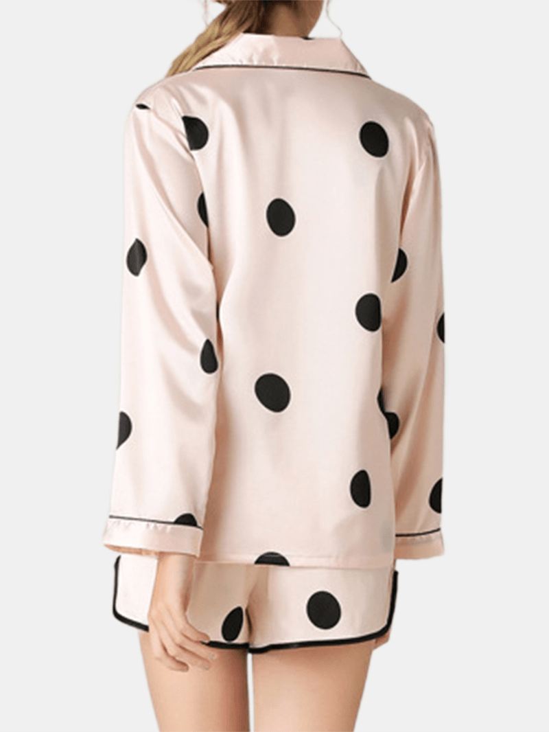Kvinder Polka Dot Reverskrave Pink Faux Silke Langærmet Løs Pyjamas Sæt