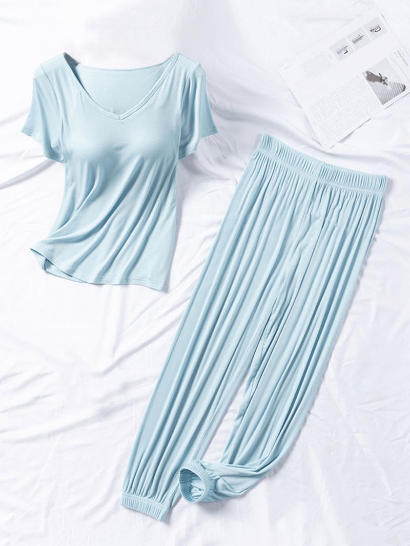 Kvinder Rib V-hals Brystpuder T-shirts Elastiske Taljebukser Home Casual Pyjamassæt