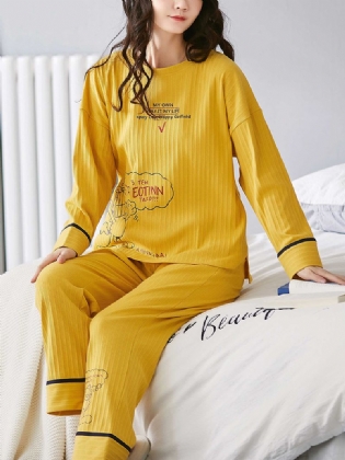 Kvinder Ribbet Brevtryk Tegneserie Graffiti Pullover Elastisk Talje Lomme Hjem Casual Gul Pyjamas Sæt