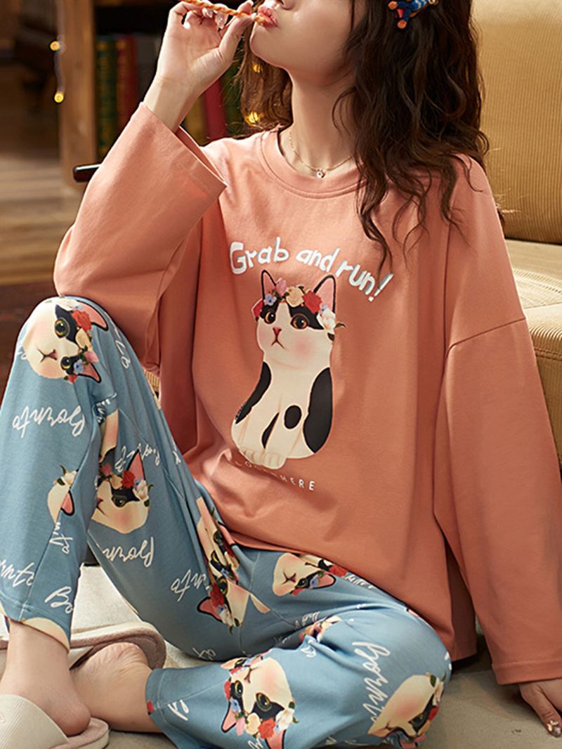 Kvinder Sød Kattemønster Brevtryk Langærmet Pullover & Løse Bukser Hjem Todelt Pyjamassæt