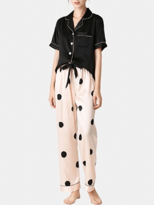Kvinder Sort Revere Krave Kortærmet Top Polka Dot Bukser Faux Silk Hjem Pyjamas Sæt