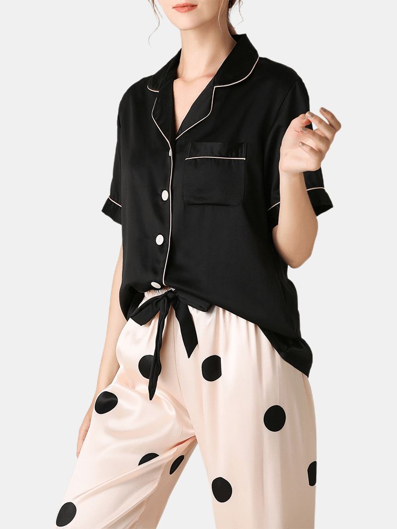 Kvinder Sort Revere Krave Kortærmet Top Polka Dot Bukser Faux Silk Hjem Pyjamas Sæt