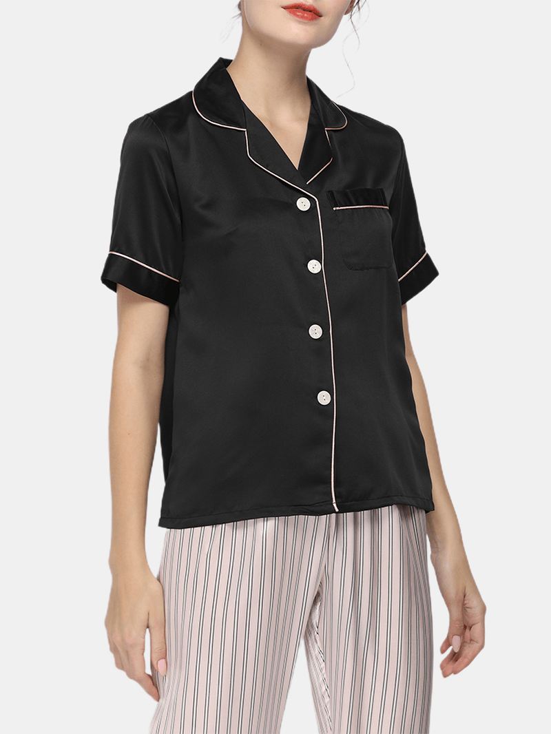 Kvinder Sort Revere Krave Kortærmet Top Polka Dot Bukser Faux Silk Hjem Pyjamas Sæt
