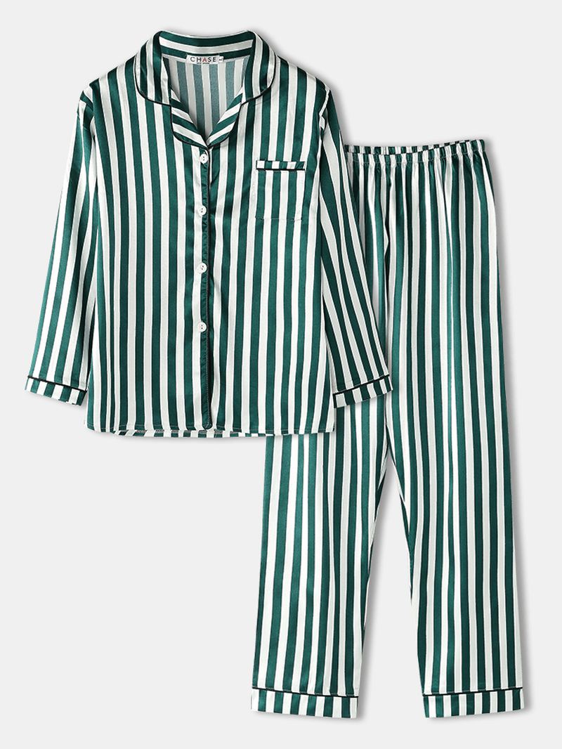 Kvinder Stribet Revere Krave Knap Op Langærmet Skjorte To-delt Pyjamas Sæt