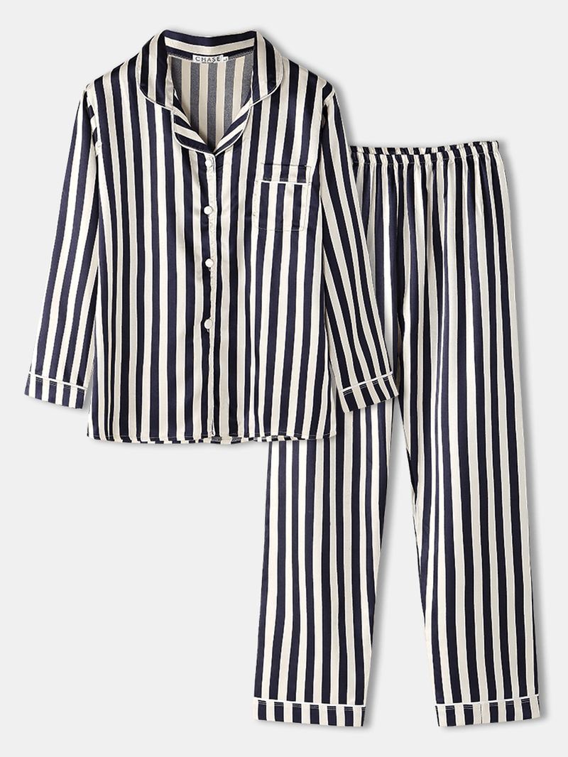 Kvinder Stribet Revere Krave Knap Op Langærmet Skjorte To-delt Pyjamas Sæt