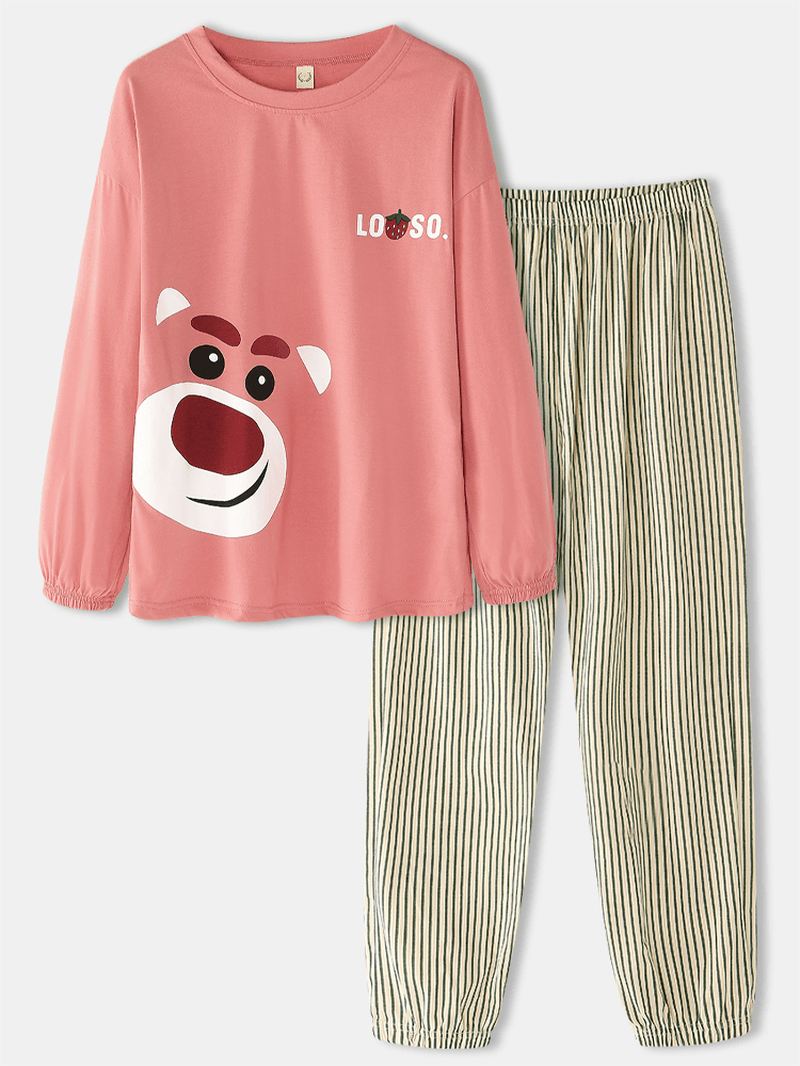 Kvinder Tegneserie Animal Med Tryk Bluse Stripe Jogger Bukser Bomuld Hjem Casual Pyjamas Sæt