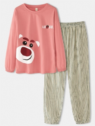 Kvinder Tegneserie Animal Med Tryk Bluse Stripe Jogger Bukser Bomuld Hjem Casual Pyjamas Sæt