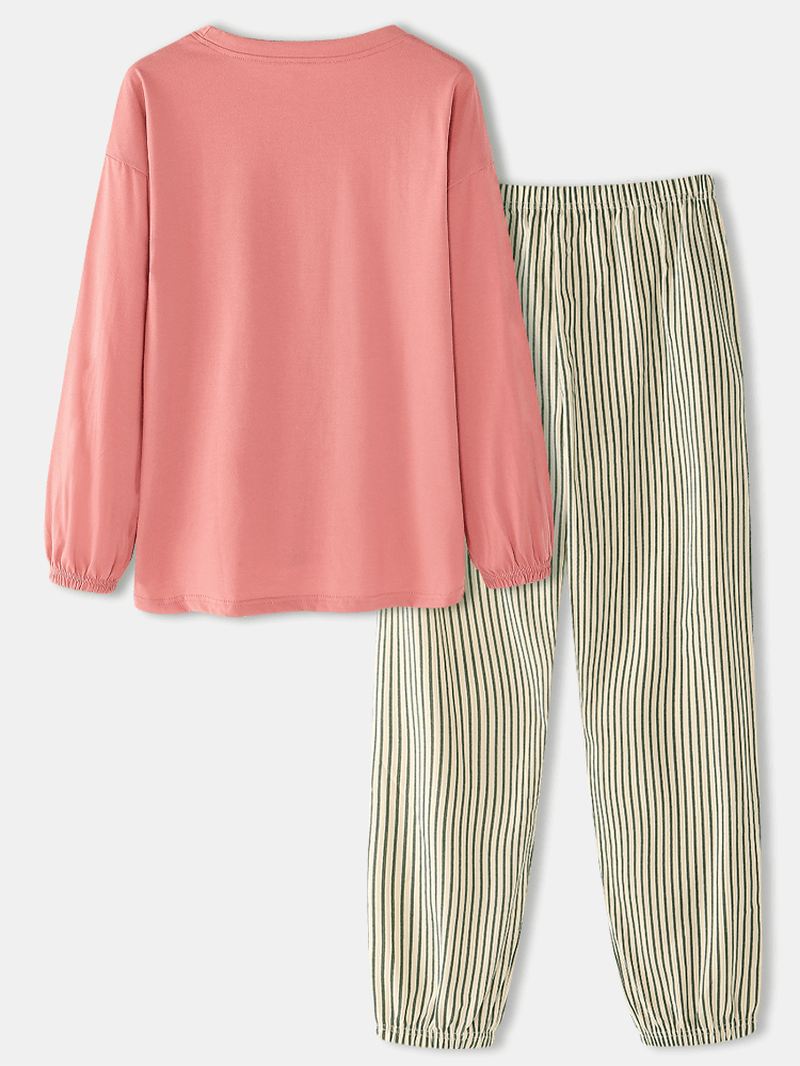 Kvinder Tegneserie Animal Med Tryk Bluse Stripe Jogger Bukser Bomuld Hjem Casual Pyjamas Sæt