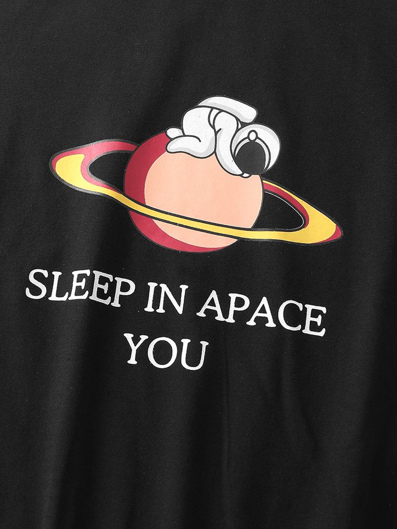 Kvinder Tegneserie Astronaut Med Tryk Rund Hals Bomuld Pyjamas Sæt Med Manchet Ternbukser