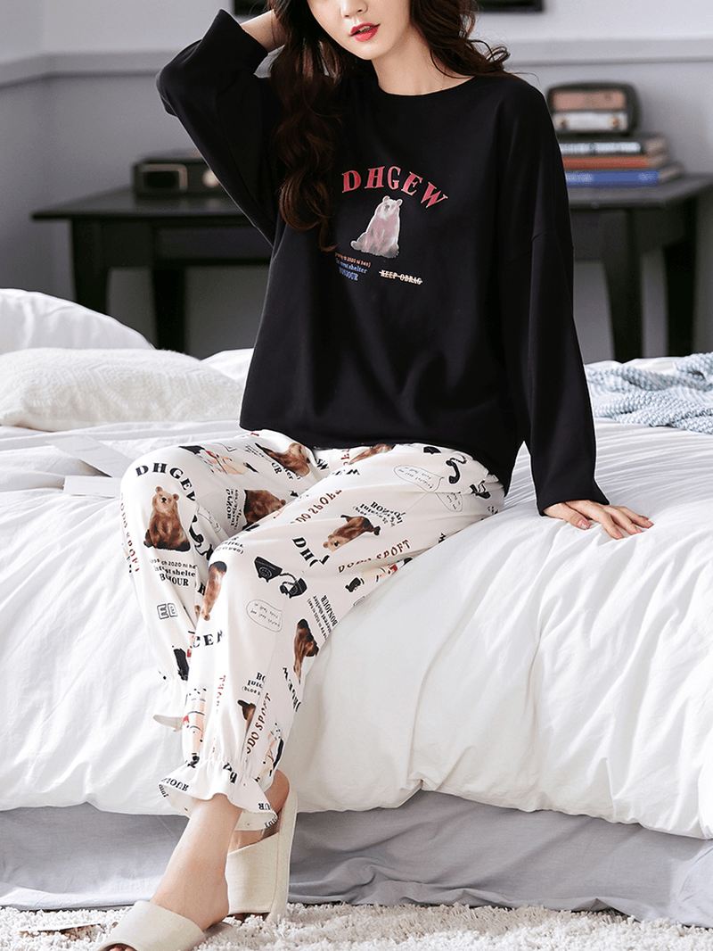 Kvinder Tegneserie Dyr & Brev Med Tryk Pullover Elastik Talje Løse Bukser Hjem Pyjamas Sæt