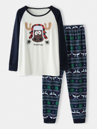 Kvinder Tegneserie Elk Med Tryk Raglan Ærmer Top Med Tryk Elastik Talje Bukser Hjem Jul Pyjamas Sæt