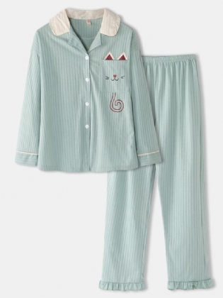 Kvinder Tegneserie Kat Lommestrikket Langærmet Loungewear Plus Størrelse Hjemmebomuldspyjamassæt