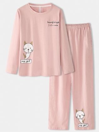 Kvinder Tegneserie Kat Med Tryk Langærmet Trøje Elastisk Talje Lommebukser Pink Hjemmepyjamas Sæt