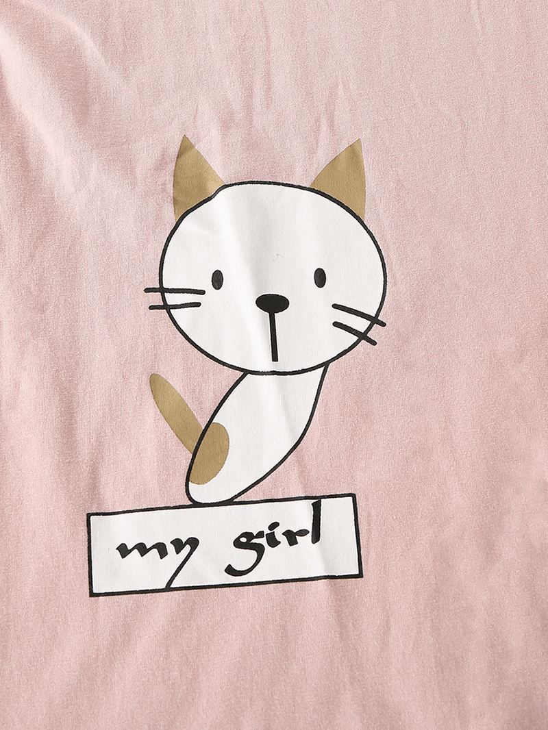 Kvinder Tegneserie Kat Med Tryk Langærmet Trøje Elastisk Talje Lommebukser Pink Hjemmepyjamas Sæt