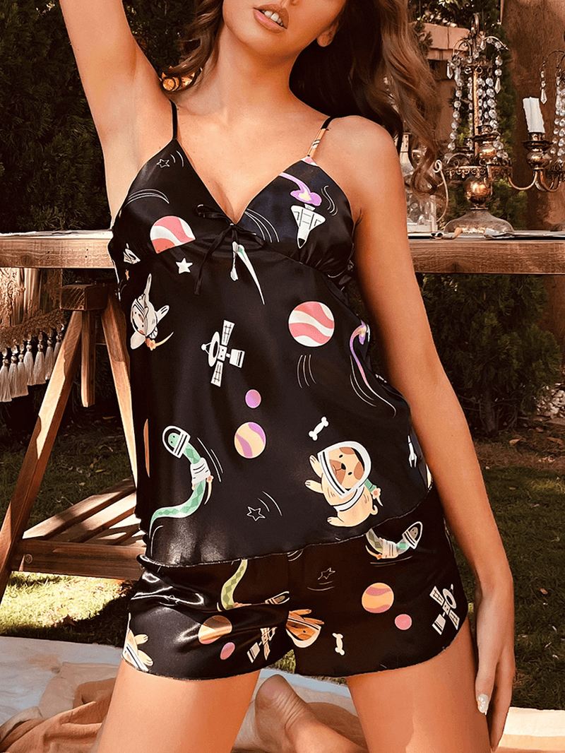 Kvinder Tegneserie Med Tryk Slynge Tynd Åndbar Silke Løse Shorts Hjem Ærmeløse Pyjamas Sæt