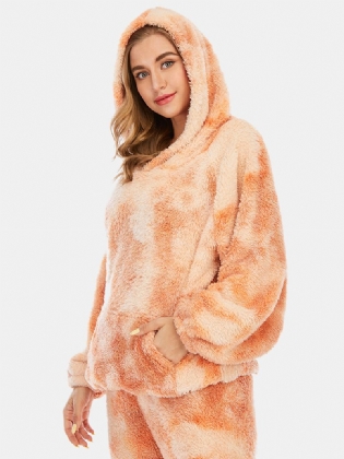 Kvinder Tie Dye Blødt Plys Langærmet Lomme Fleece Hættetrøje Løse Bukser Hjemmepyjamas Sæt