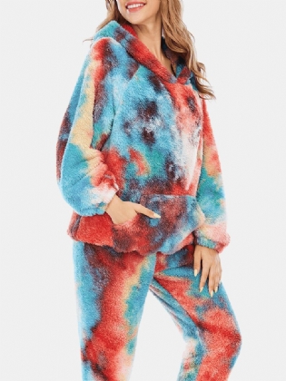 Kvinder Tie Dye Fleece Kænguru Lomme Hættetrøje Bukser Hjem Sleepweat Casual Pyjamas Sæt
