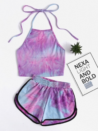 Kvinder Tie Dye Loungewear Halter High Neck Blød Bomuld Pyjamas Kort Sæt