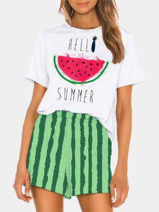 Kvinder Vandmelon Med Tryk Løs Kortærmet Åndbar Casual Pyjamas Sæt