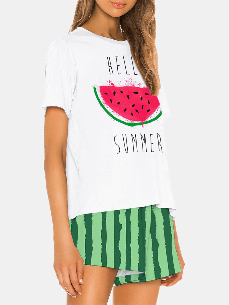 Kvinder Vandmelon Med Tryk Løs Kortærmet Åndbar Casual Pyjamas Sæt