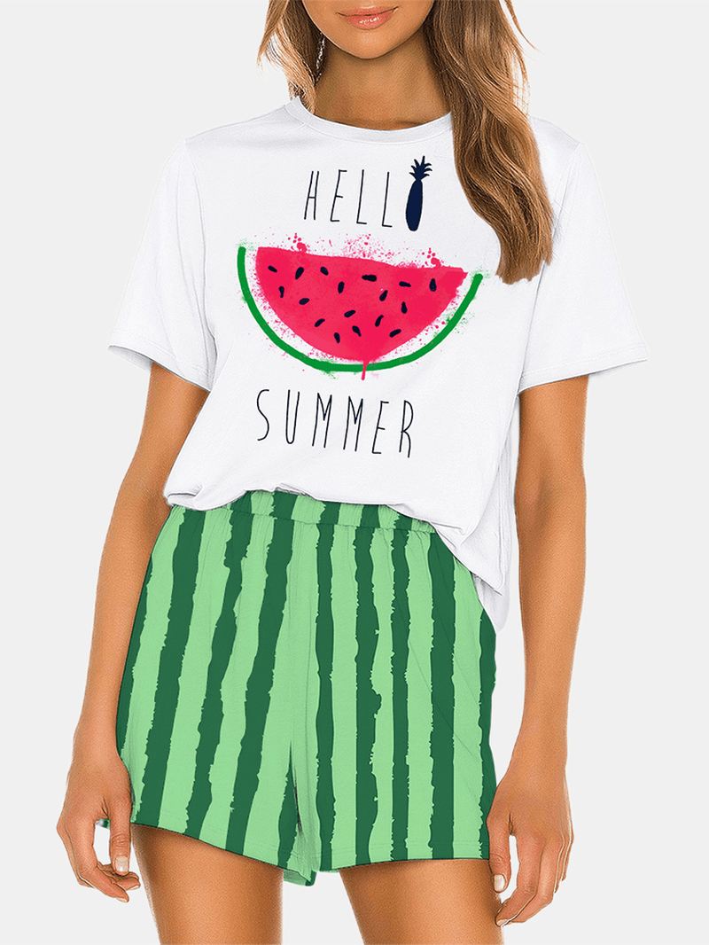 Kvinder Vandmelon Med Tryk Løs Kortærmet Åndbar Casual Pyjamas Sæt