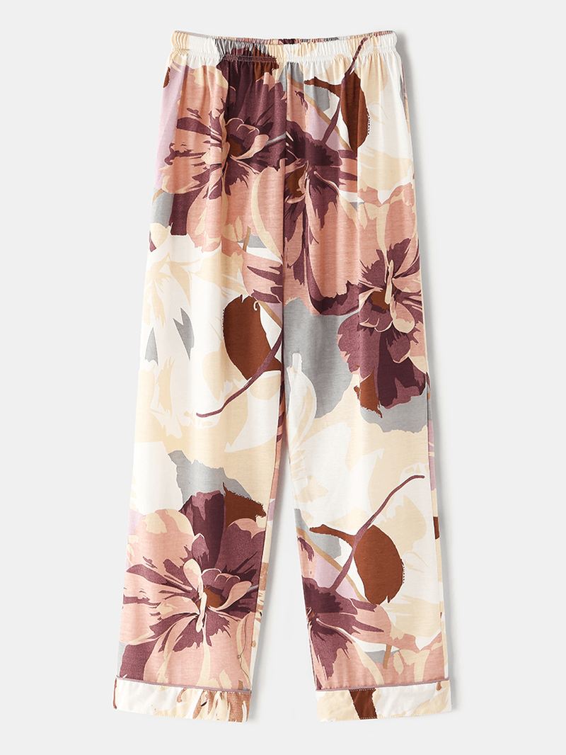 Kvinder Vintage Blomsterprint Camp Krave Dobbelt Pocket Skjorte Elastiske Taljebukser Nattøj Hjemmepyjamas