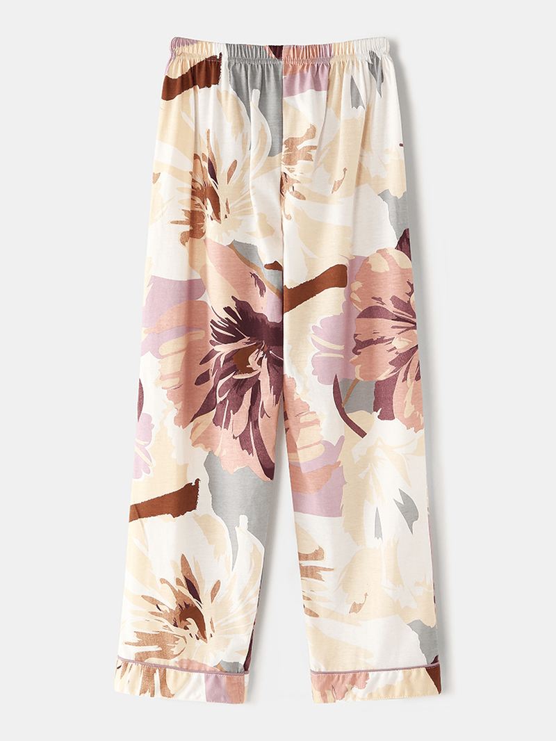 Kvinder Vintage Blomsterprint Camp Krave Dobbelt Pocket Skjorte Elastiske Taljebukser Nattøj Hjemmepyjamas