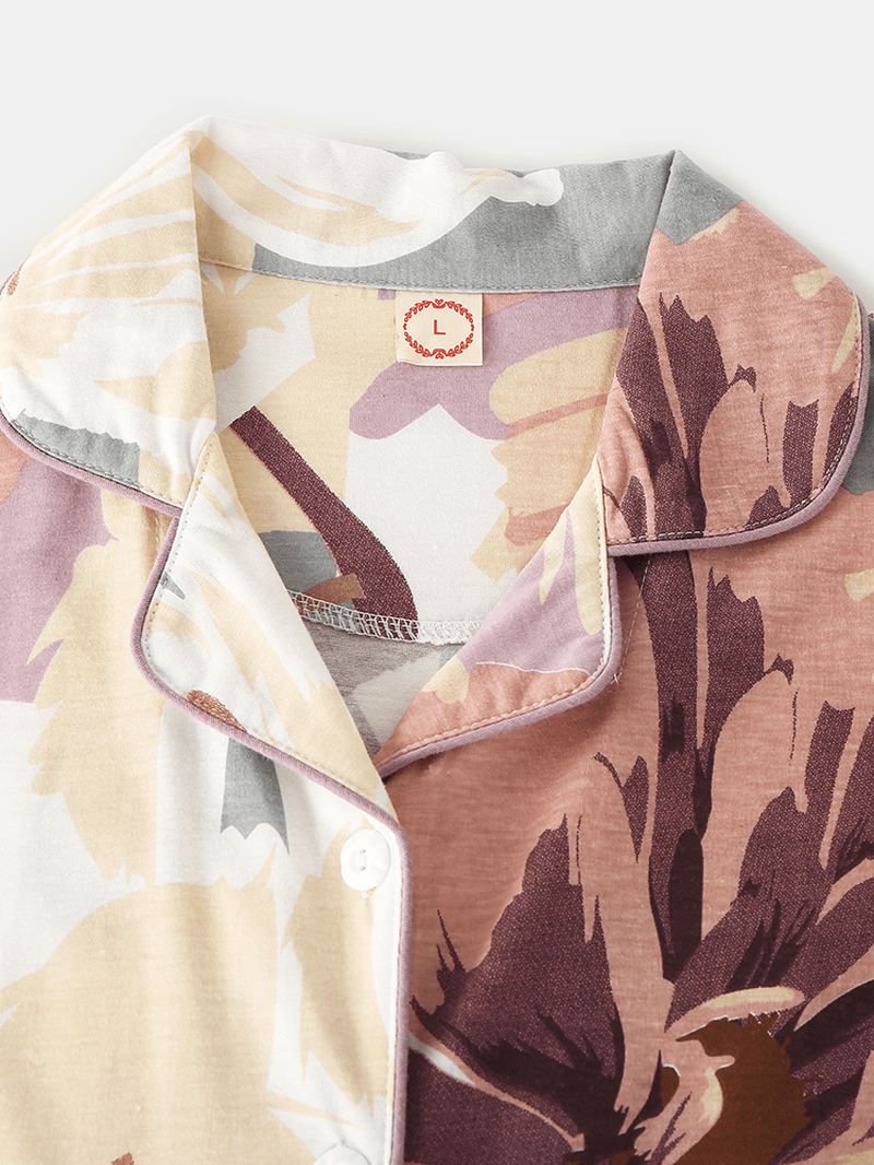 Kvinder Vintage Blomsterprint Camp Krave Dobbelt Pocket Skjorte Elastiske Taljebukser Nattøj Hjemmepyjamas
