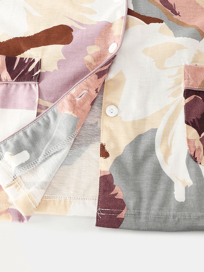 Kvinder Vintage Blomsterprint Camp Krave Dobbelt Pocket Skjorte Elastiske Taljebukser Nattøj Hjemmepyjamas
