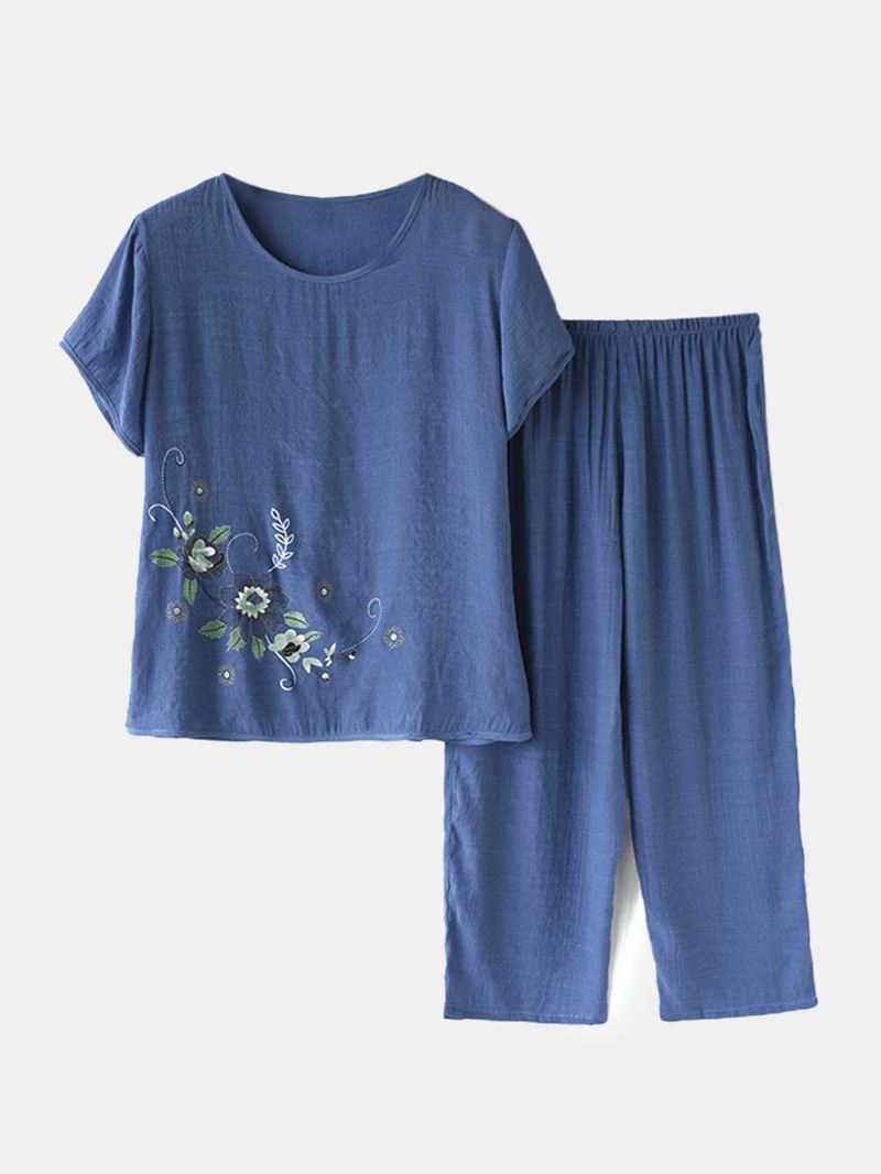 Kvinder Vintage Blomstertryk Loungewear Kortærmet Åndbar Pyjamas