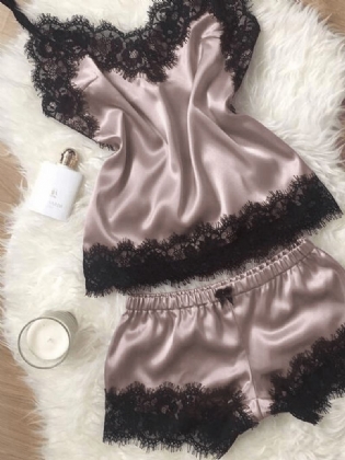 Lace Patchwork Elastisk Talje Ærmeløs Slynge Todelt Pyjamas