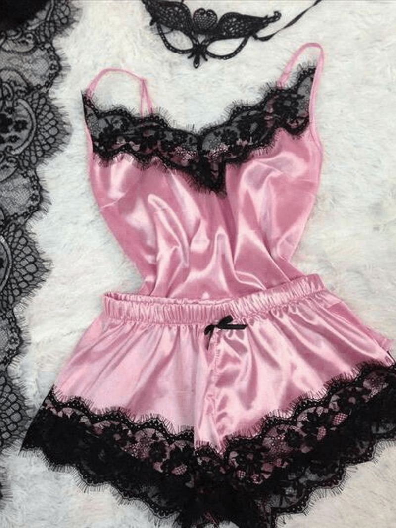 Lace Patchwork Elastisk Talje Ærmeløs Slynge Todelt Pyjamas