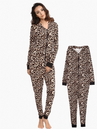 Leopard Jumpsuits Med Hætte Foran Lynlås Pyjamassæt