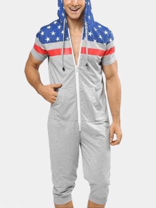 Mænd American Flag Med Tryk Hætte Lynlås Lomme Kortærmet Hjem Jumpsuit Nattøj