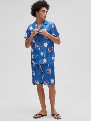 Mænd Blomsterprint Revere Krave Kortærmet Hjem Åndbar Pyjamas Sæt Nattøj