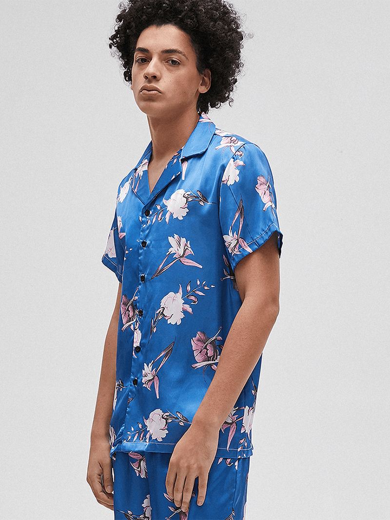 Mænd Blomsterprint Revere Krave Kortærmet Hjem Åndbar Pyjamas Sæt Nattøj