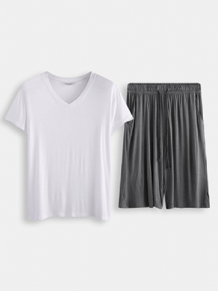 Mænd Ensfarvet Kortærmet Elastisk Talje Lommeshorts I To Stykker Nattøjssæt