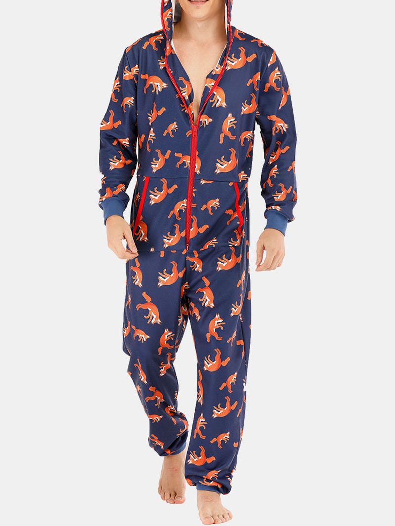 Mænd Funny Wolf Med Tryk Jumpsuit Loungewear Royal Blue Hooded Onesies Med Lommer