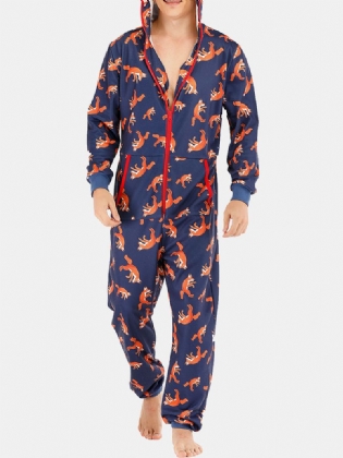 Mænd Funny Wolf Med Tryk Jumpsuit Loungewear Royal Blue Hooded Onesies Med Lommer