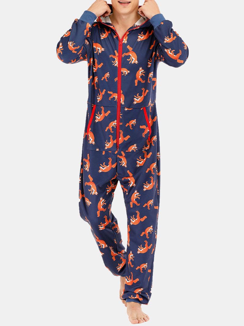 Mænd Funny Wolf Med Tryk Jumpsuit Loungewear Royal Blue Hooded Onesies Med Lommer