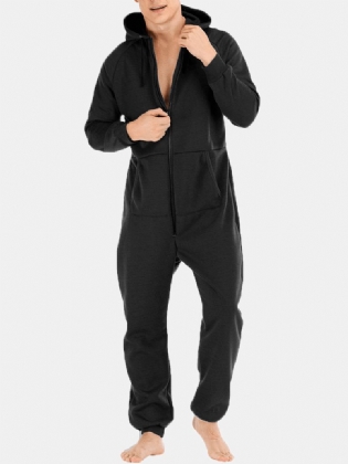 Mænd Mulit Pockets Thicken Loungewear Jumpsuit Med Lynlås Almindelig Hættepyjamas