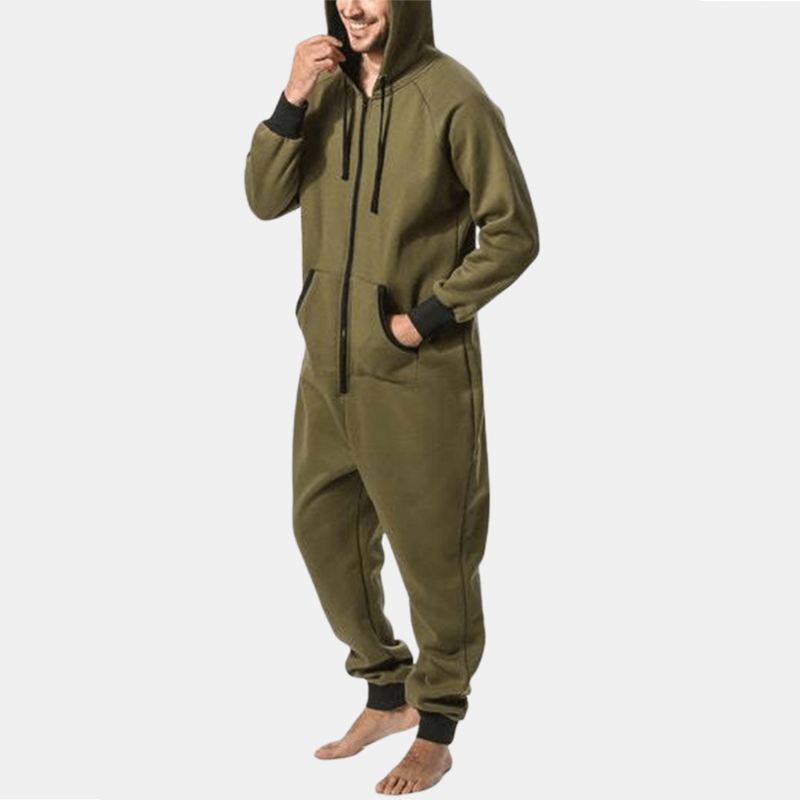 Mænd Mulit Pockets Thicken Loungewear Jumpsuit Med Lynlås Almindelig Hættepyjamas