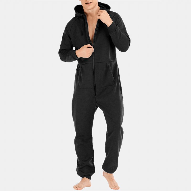 Mænd Mulit Pockets Thicken Loungewear Jumpsuit Med Lynlås Almindelig Hættepyjamas