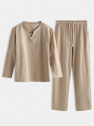 Mænd Plain Pyjamas Sæt Kinesisk Stil Plus Størrelse Komfortabelt Hjemmeloungetøj Med Lommer