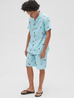 Mænd Revere Krave Fjerprint Kortærmede Shorts Todelt Pyjamassæt Løst Nattøj