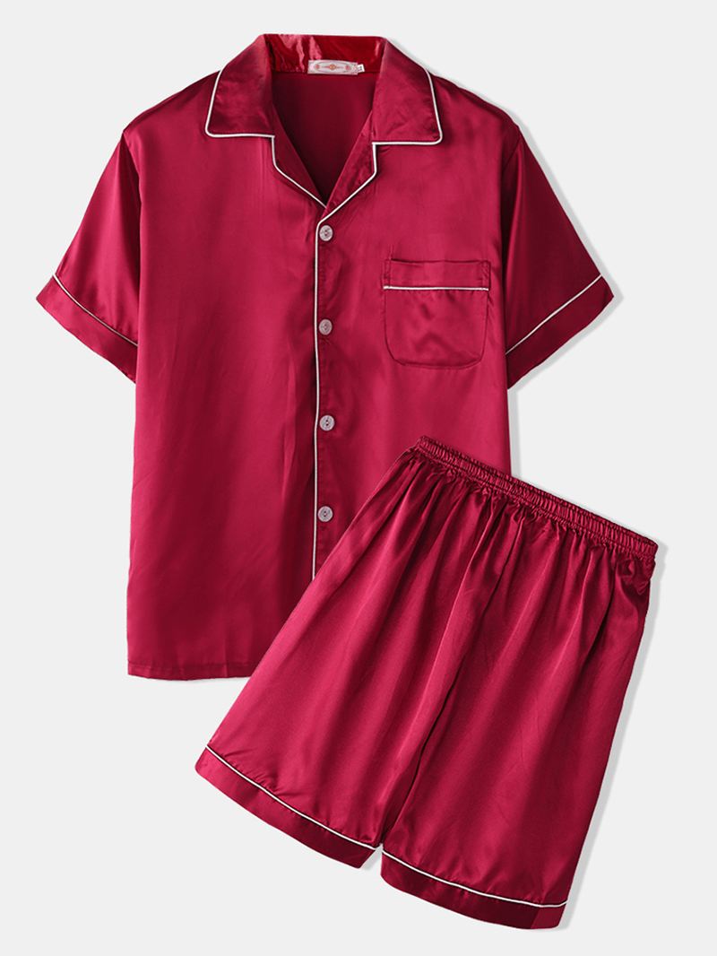 Mænd To Stykke Imiteret Silke Pyjamas Sæt Almindeligt Hjem Reverskrave Satin Nattøj Toppe