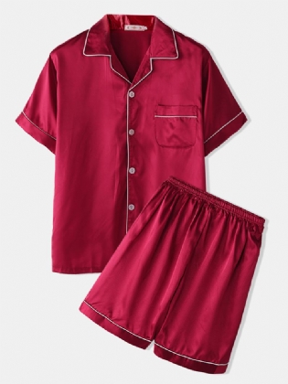 Mænd To Stykke Imiteret Silke Pyjamas Sæt Almindeligt Hjem Reverskrave Satin Nattøj Toppe