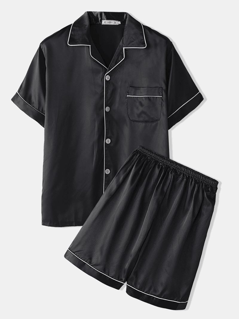Mænd To Stykke Imiteret Silke Pyjamas Sæt Almindeligt Hjem Reverskrave Satin Nattøj Toppe